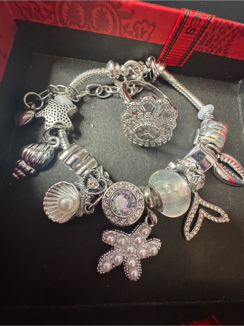 Silver Sea Charm Bracelet with Pearls and Crystal Accents